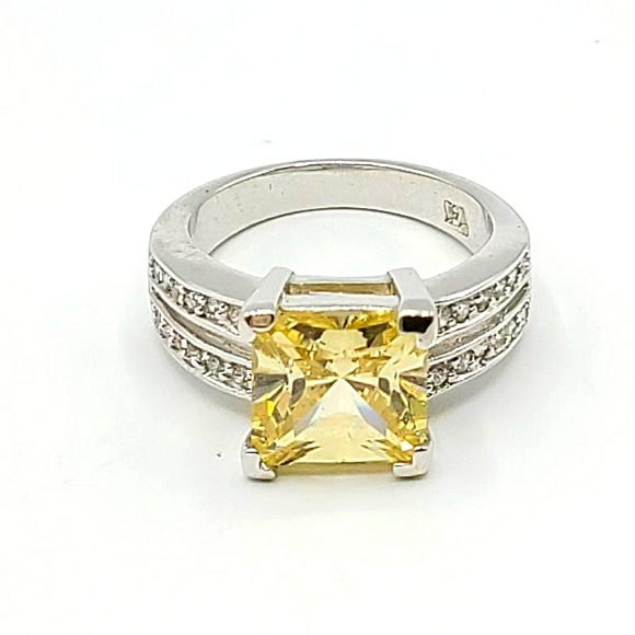 Jewelry - Silver Rhodium Plated Yellow Princess Cut CZ Ring, Size 8